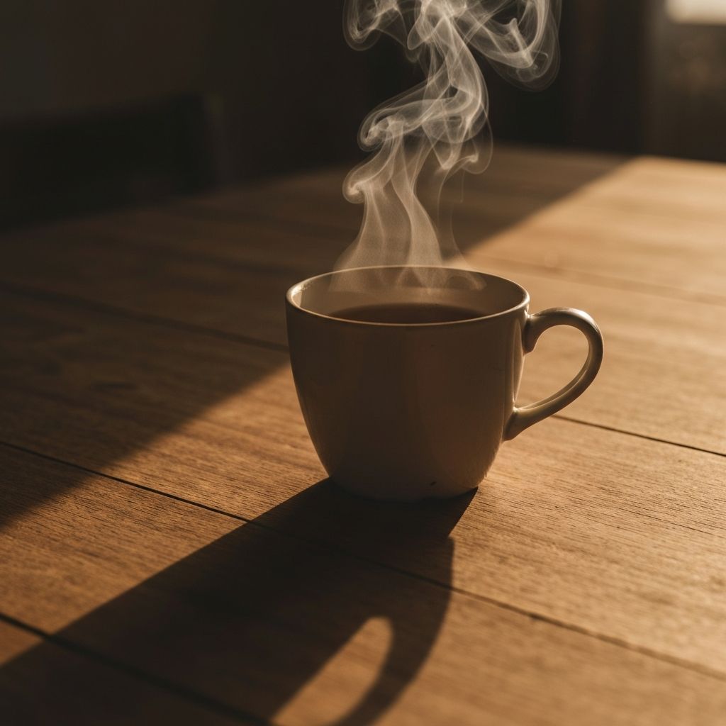 Cup of tea on wooden table in golden light