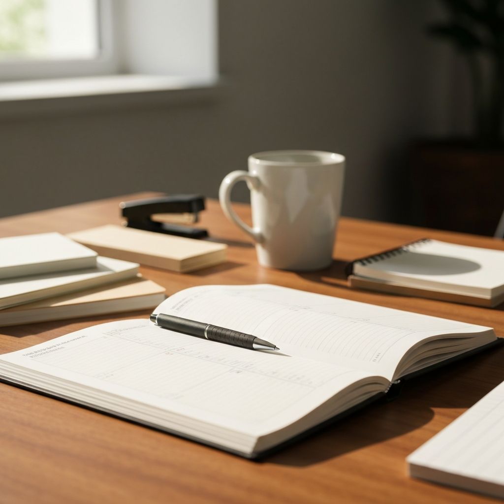 Open planner with pen on wooden desk