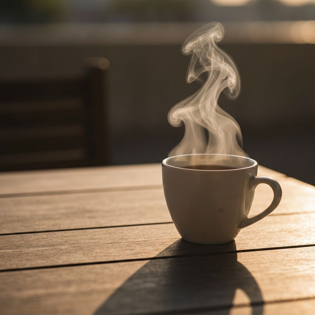 Cup of tea on wooden table in golden light